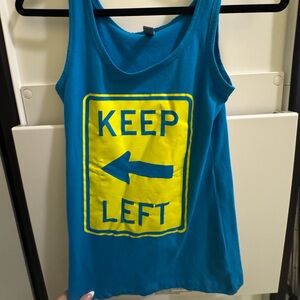 Women’s slim fit Blue and Yellow Tank Top with “Keep Left” slogan